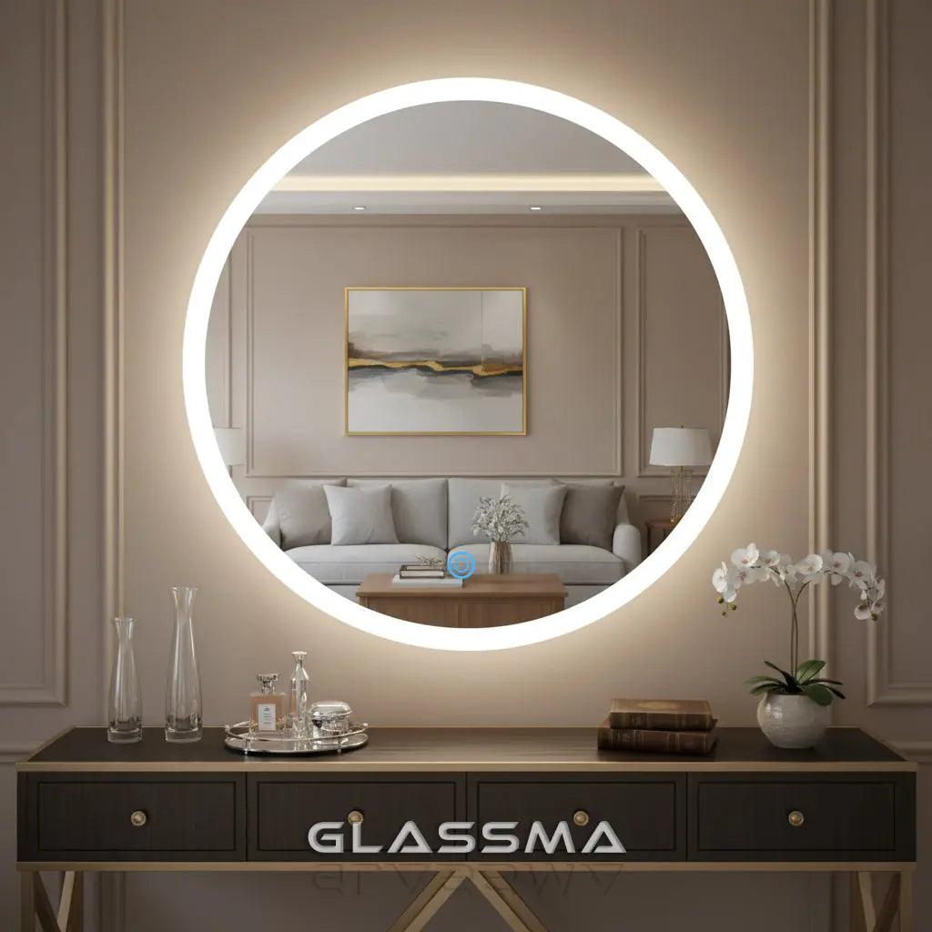 Border Illuminated Round LED Bathroom Mirror | Wall Mounted Dimmable LED Makeup Mirror Glassma